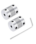 Flexible Aluminum Shaft Coupler 3mm To 4mm Bore 25mm Length 19mm Outer Diameter 2 Pack shown with hex key, silver finish
