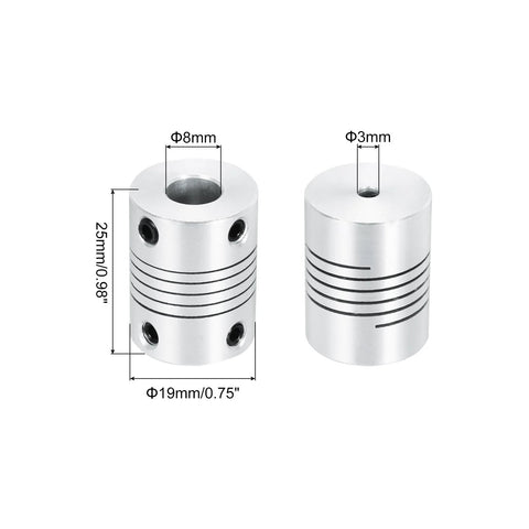Flexible Aluminum Shaft Coupling 3mm To 8mm Bore 25mm Long 19mm Outer Diameter For Stepper Motors Encoders 3D Printers Silver