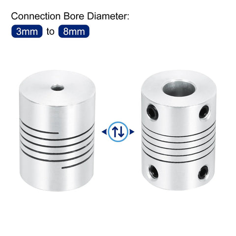 Flexible Aluminum Shaft Coupling 3mm To 8mm Bore 25mm Long 19mm Outer Diameter For Stepper Motors Encoders 3D Printers CNC Machines Silver
