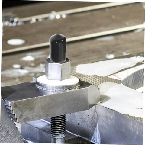 80 Pack Flexible Bolt Caps And Thread Protector End Caps for metal tubing, shown installed on a steel bolt for protection against dirt.