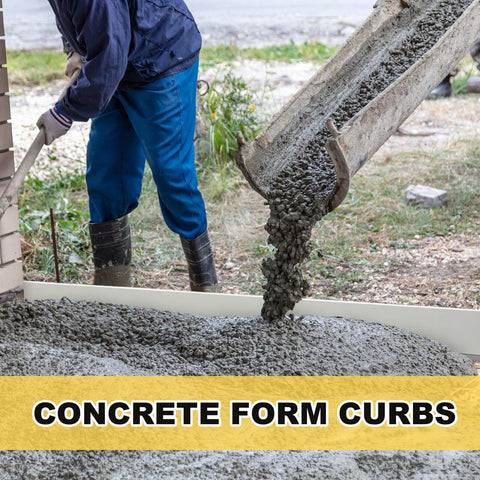 Concrete being poured into five piece flexible plastic concrete form set for walkways 4x76 inches flatwork curb edging tools for paving