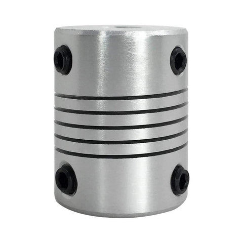 Close-up of a 5 Pcs Flexible Couplings 5mm To 8mm Shaft For NEMA 17 Stepper Motors Compatible with small CNC machines, made from aluminum alloy.