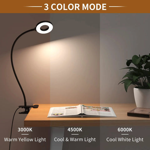 This clamp-on desk light with a 15.8 inch flexible silicone arm provides 3 color modes and 10 brightness levels for focused reading.