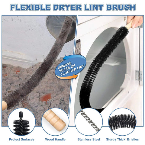Flexible dryer lint brush from two piece dryer vent cleaner kit with universal vacuum adapter removes built up lint from ducts.