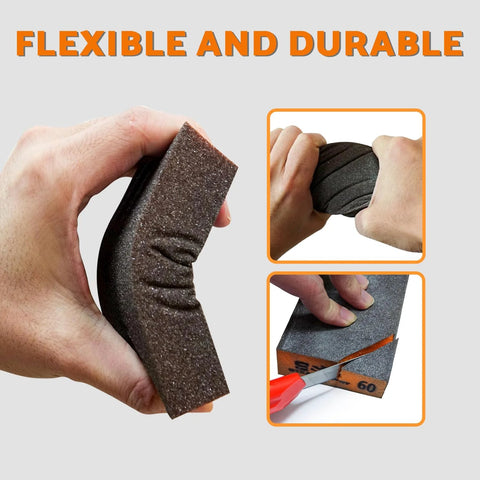 Hand flexes Four Pcs Aluminum Oxide Sanding Blocks Grit 60 80 120 220 for Wood Metal Drywall, showing flexibility and durability.