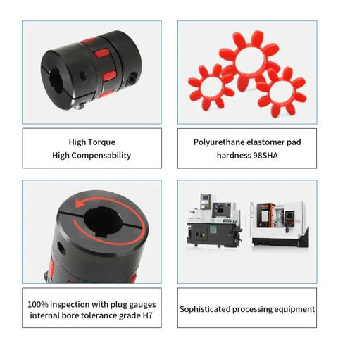 D30 L50 Flexible Elastic Shaft Coupling 8 to 10 mm Bore 45 Steel AISI 1045 XL0 Jaw Type with elastomeric spider in red