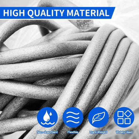 Coiled foam backer rod highlighting water resistance, flexibility, lightweight, and usage for concrete gaps and joints.