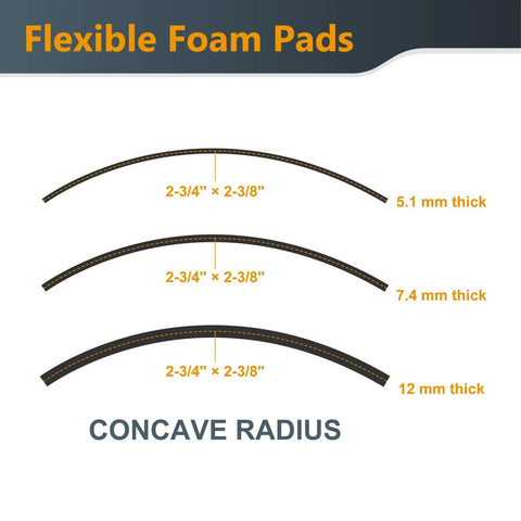 Diagram of flexible foam pads with varying thicknesses from the 9 Piece System Flexible Contour Sanding Set for concave surfaces.