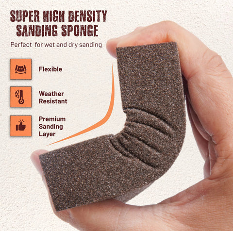 Hand bending flexible sanding sponge demonstrating flexibility of Sanding Sponge 4 Pack 60 80 120 220 Grit Wet Dry Sanding Blocks with Gloves.