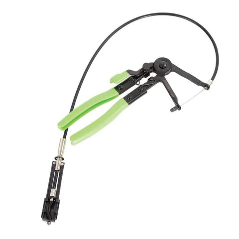 Flexible Hose Clamp Pliers with green handles and flexible cable for automotive radiator and heater hoses install and remove spring clamps.