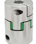 Front view of NBK Japan MJC-20-WH 3/16" inch to 1/4" Jaw-type Flexible Coupling with metal and green components.