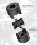 Flexible One Half To Three Quarter Inch L Jaw Coupling Three Piece Set With Rubber Spider components labeled with key bore sizes and material.