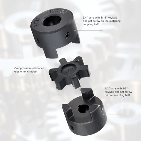 Flexible One Half To Three Quarter Inch L Jaw Coupling Three Piece Set With Rubber Spider components labeled with key bore sizes and material.