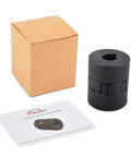 Flexible 3-Piece L075 L-Jaw Coupling Set With Buna-N NBR Rubber Spider displayed next to packaging and manual.