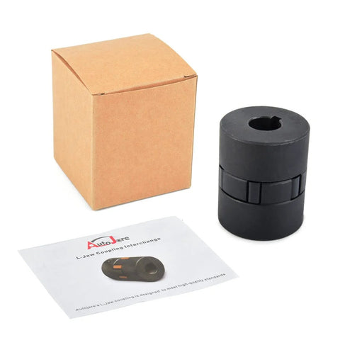 Flexible 3-Piece L075 L-Jaw Coupling Set With Buna-N NBR Rubber Spider displayed next to packaging and manual.
