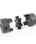Flexible 3 piece L075 L-Jaw coupling set with Buna NBR spider, shown in three parts, highlighting HT250 steel construction.