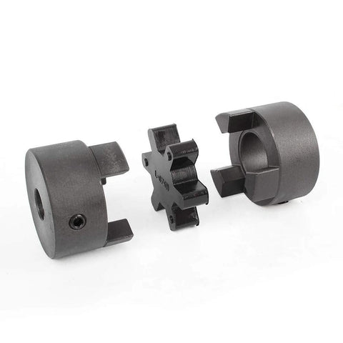 Flexible 3 piece L075 L-Jaw coupling set with Buna NBR spider, shown in three parts, highlighting HT250 steel construction.
