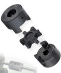 Flexible One Half To Three Quarter Inch L Jaw Coupling Three Piece Set With Rubber Spider, shown disassembled, for heavy duty equipment.