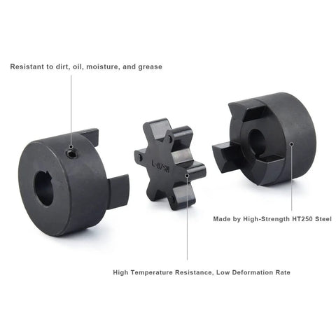 Flexible 3-Piece L075 L-Jaw Coupling Set With Buna-N NBR Rubber Spider, made of HT250 steel, for log splitters, showing three components