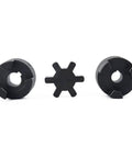 Flexible 3-Piece L075 L-Jaw Coupling Set With Buna-N NBR Rubber Spider, 1/2 To 5/8 Inch Bore, showing steel jaws and rubber insert.
