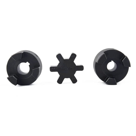 Flexible 3-Piece L075 L-Jaw Coupling Set With Buna-N NBR Rubber Spider, 1/2 To 5/8 Inch Bore, showing steel jaws and rubber insert.