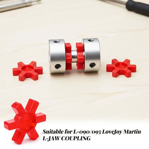 Flexible L095 NBR Rubber Spider Insert Set For L Jaw Couplings, 4 Pack in red, shown with coupling parts on a light background