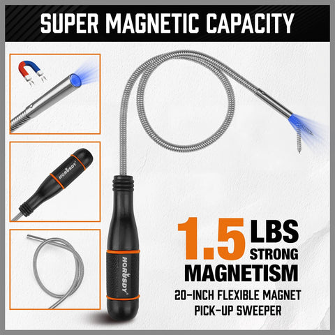 Effortlessly retrieve metal parts from tight spots, under machines, and around the shop with this 4 piece telescoping magnetic pickup tool set, extending from 7 to 30.5 inches for heavy items and 5 to 25.4 inches for lighter pickups, making cleanup fast.
