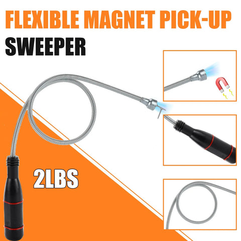 Flexible magnet pick-up sweeper with black handle and bendable metal tube, 2lbs pull capacity, shown in various angles.