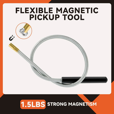 Four piece telescoping magnetic pickup tool set includes a 10 lb extender, a 1.5 lb tool, a 20 inch flexible sweeper and a 3x3 inch magnetic parts tray, helping you quickly grab screws, nails and metal parts from tight spaces and under cabinets. Shown is the flexible 1.5 lb pickup tool.