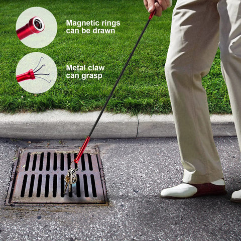 Bendable Flexible Magnetic Pickup Tool With Four Claws And A 24 Inch Reach retrieving metal object from a street drain grate