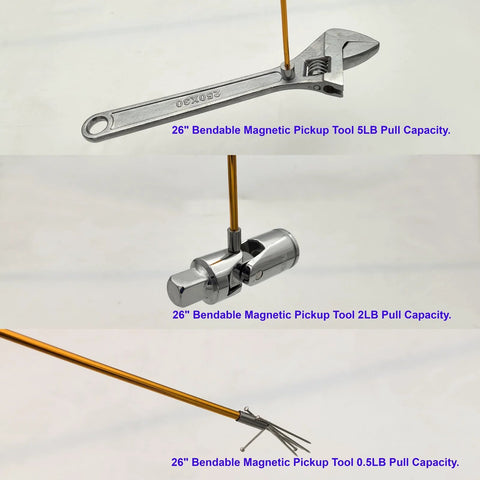Flexible Magnetic Pickup Tool Set Three Pack With 26 Inch Bendable Extension And Three Magnet Sizes 4mm 7mm And 11mm shown in use.