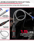 Flexible magnetic pickup tool with spring rod and LED light, designed for retrieving small metal parts in tight spaces.
