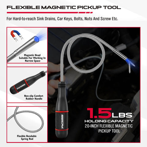 Flexible magnetic pickup tool with spring rod and LED light, designed for retrieving small metal parts in tight spaces.