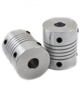 Flexible Parallel Aluminium Jaw Shaft CNC Coupling D19-L25-4X6.35MM, showcasing two silver aluminium couplings.