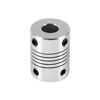 Flexible Parallel Aluminium Jaw Shaft CNC Coupling D19-L25-4X6.35MM side view showing shiny aluminium finish and hole openings.