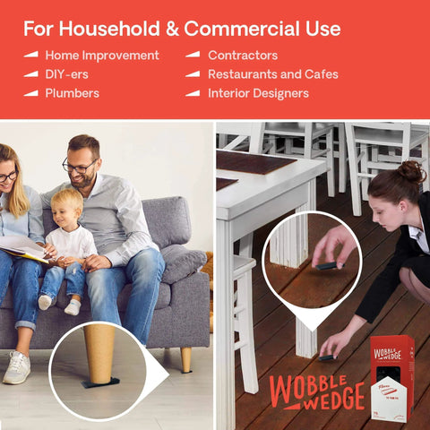 Flexible Plastic Leveling Shims Set 75 Pack for Home Improvement, shown leveling a table and couch for stability.