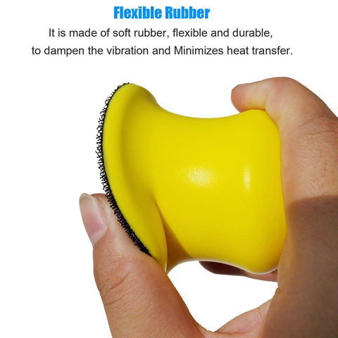 Close-up of a yellow Round Hand Sanding Block For 3 Inch Hook And Loop Discs 2 Pack being held, showcasing flexible rubber texture.