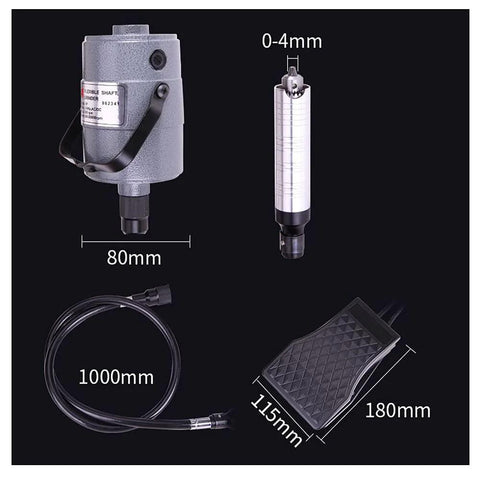 Components of Flexible Shaft Grinder Carver Rotary Tool Set with hanging overhead motor, 30 piece attachments, and foot pedal control.