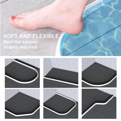 Collapsible Shower Threshold Water Dam, 39 In, Self Adhesive Shower Edge Water Barrier Stopper shown in flexible installation settings.