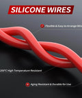 Close-up of flexible silicone wires labeled as resistant to high temperature and durable, used in Heavy Duty 12 AWG Inline Fuse Holder for 12V Systems.