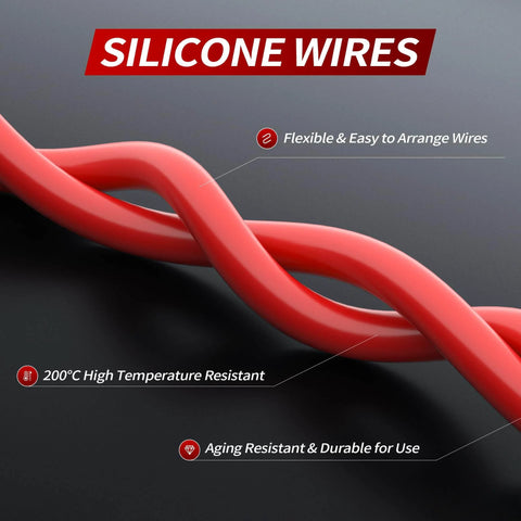 Close-up of flexible silicone wires labeled as resistant to high temperature and durable, used in Heavy Duty 12 AWG Inline Fuse Holder for 12V Systems.
