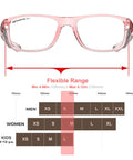 Safety Glasses With Side Shields Z87 Anti Fog Scratch Resistant Labs And Sports size range chart and front view.