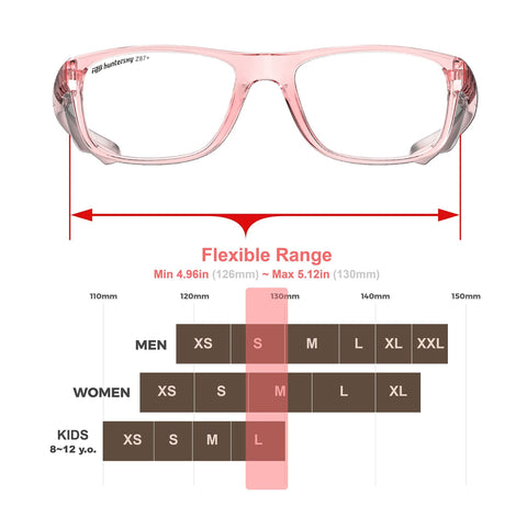 Safety Glasses With Side Shields Z87 Anti Fog Scratch Resistant Labs And Sports size range chart and front view.