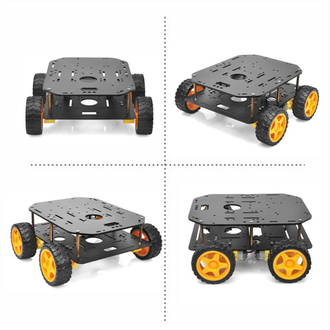 FlexiRover Arduino Building Kit With Customizable Robot Car Chassis And Four TT Motors And Wheels, side and front views