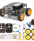 FlexiRover Arduino Building Kit With Customizable Robot Car Chassis And Four TT Motors And Wheels For Robotics Development And Experimentation Ages 15 Plus Not Including Arduino Main Board, kit components displayed with chassis, motors, and wheels