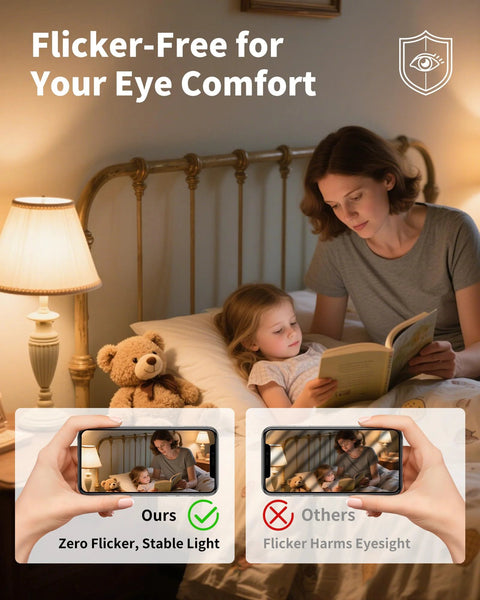 Mother reading to child by bedside lamp with zero flicker, compared to flickering light; G16.5 Globe LED Candelabra Bulbs 60W Equivalent Dimmable Soft White 2700K Clear Glass 90+ CRI 120V E12 Small Base For Vanity Lights Sconces Chandeliers 6 Pack Energy Efficient LED Replacement For Modern Fixtures In Kitchens Bathrooms And Living Rooms