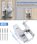 90 Degree Flip Barn Door Lock Heavy Duty Sliding Gate Latch For Garden Bathroom Garage And Sliding Doors White 1 Pack Durable Zinc Alloy Construction With Easy Installation And Corrosion Resistant Finish, shown installed on wooden surface with screws and dimensions