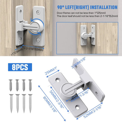 90 Degree Flip Barn Door Lock Heavy Duty Sliding Gate Latch For Garden Bathroom Garage And Sliding Doors White 1 Pack Durable Zinc Alloy Construction With Easy Installation And Corrosion Resistant Finish, shown installed on wooden surface with screws and dimensions