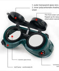Detailed view of Flip Up Safety Goggles For Welding With Adjustable Fit Green Plastic Frame showing glass lens and shading sheet.