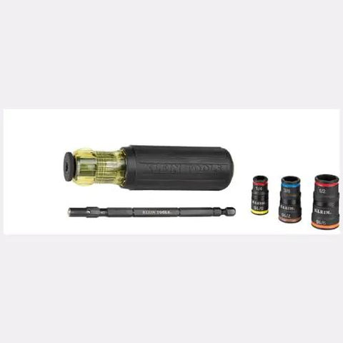 7 In 1 Flip Socket Set For Impact Drivers With Handle And Bit Holder By Klein Tools Magnetic Rare Earth Magnet For Hex Sizes One Quarter Inch Five Sixteenths Inch Three Eighths Inch Seven Sixteenths Inch One Half Inch Nine Sixteenths Inch SAE Quick, including handle and multiple sockets shown.